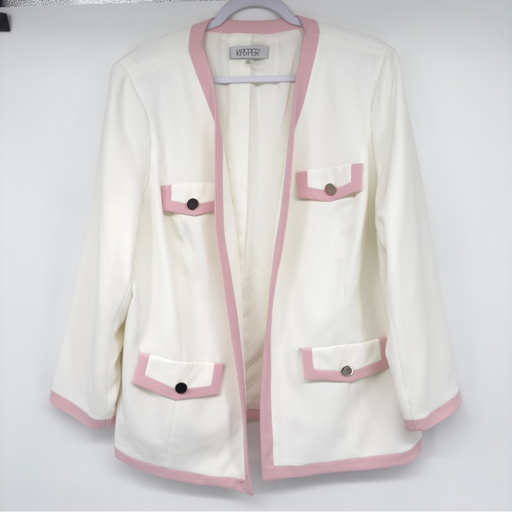 KASPER Framed Open Front Blazer Size 2X in Ivory/Pink - Picture 2 of 8